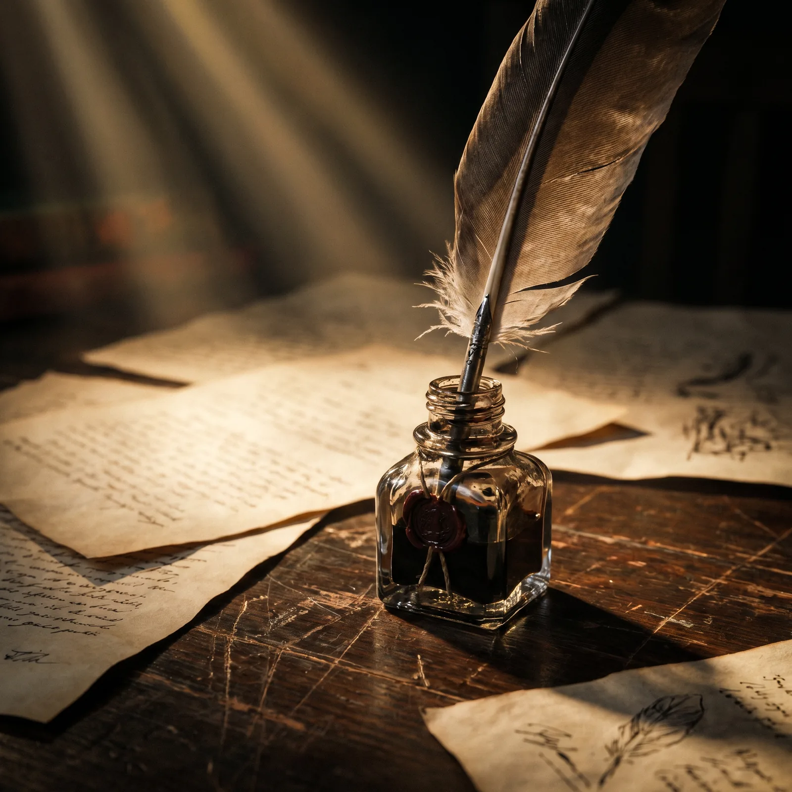 A quill pen standing in an ink bottle on a wooden desk with parchments